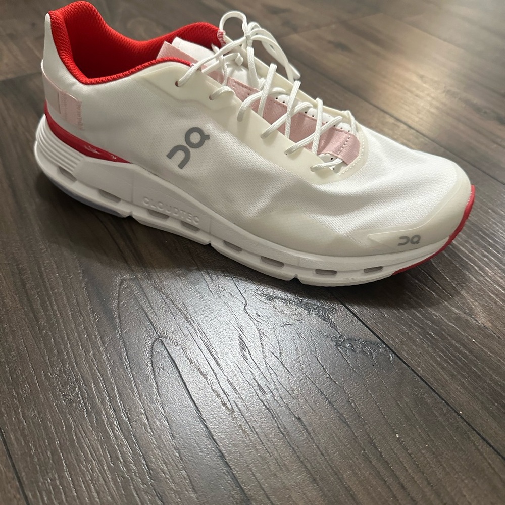 On Cloud White and Red Sneakers